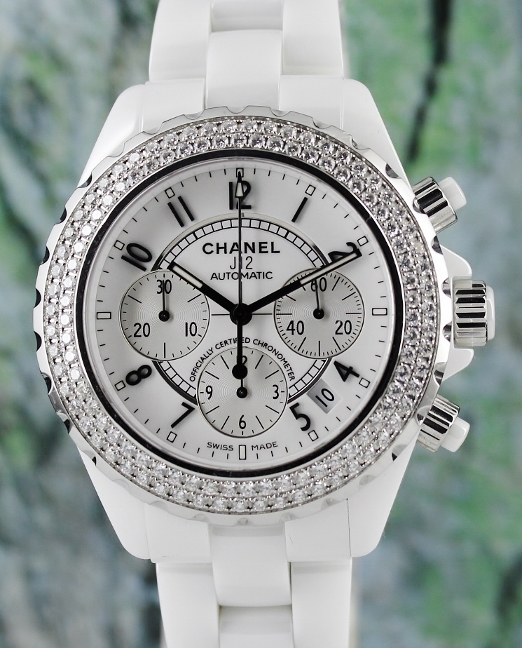 (image for) LIKE NEW CHANEL J12 41MM CERAMIC AUTOMATIC CHRONOGRAPH DIAMOND WATCH / H1008